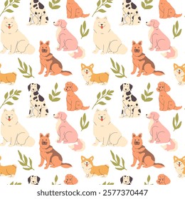 Cute dogs seamless pattern on white background