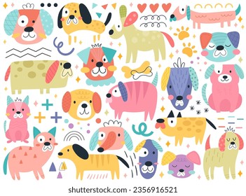 Cute dogs set. Childish hand drawn funny doodle puppy characters colorful vector illustration. Kawaii baby pet, domestic animal bodies, heads and faces with friendly smiling emotions and expressions