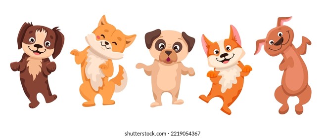 Cute Dogs set with different breeds for your design. Puppy pet collection for t-shirt design, textile printing isolated on white background.  Vector hand drawn illustration