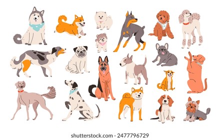 Cute dogs set. Dogs of different breeds. Canine animals pets. Sitting, standing and running pet.