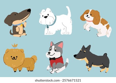 Cute dogs set. Dogs of different breeds. Canine animals pets. Sitting, standing and running pet.