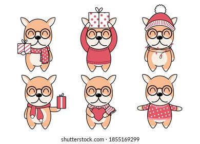 Cute Dogs set in winter scarves with gift boxes, heart and pink snow. New Year, Merry Christmas, Anniversary, Birthday, and Valentine concept, eps 10 vector.