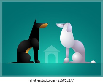 Cute dogs sitting near the doghouse on the cyan background in vector.