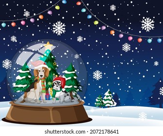 Cute dogs in snowdome on snow falling background illustration