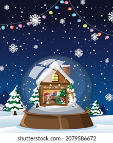 Cute dogs in snowdome on snow falling background illustration