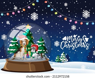 Cute dogs in snowdome on snow falling background illustration