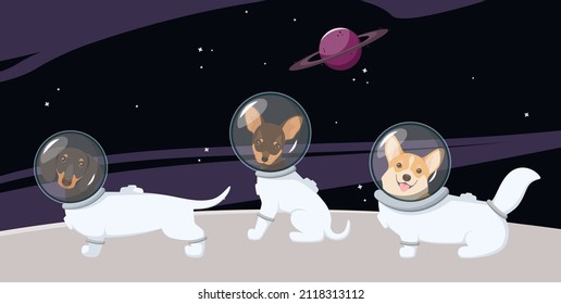 Cute dogs in spacesuits in space. Cartoon design,
