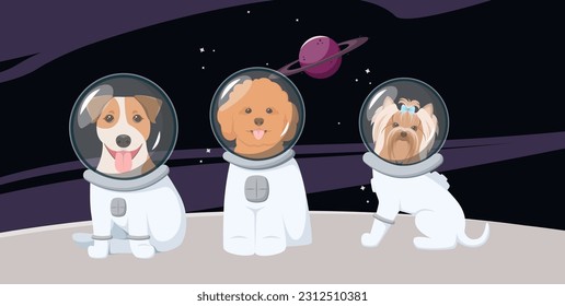 Cute dogs in spacesuits in space. Cartoon design.
