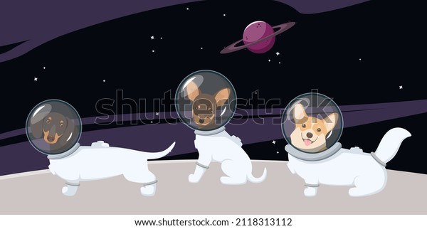 Cute dogs\
in spacesuits in space. Cartoon\
design,\
