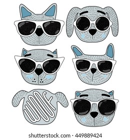 Cute dogs in sunglasses set in hand drawn