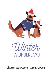 Cute dogs in sweater and santa hats cartoon illustration. Winter wonderland vector banner design element. Playful German shepherd puppies. Wintertime holidays greeting card, postcard design.