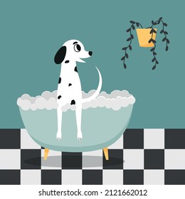 Perritos cortos duchándose en el baño. Ilustración vectorial del dálmata.