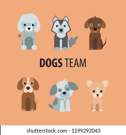 Cute dogs team. The bigle, Yorkshire terrier, husky,poodle and mongrels. Vector illustration in cartoon style.