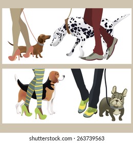 Cute dogs with their owners. Vector illustration