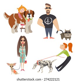 Cute dogs with their owners. Vector flat illustration