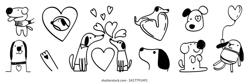 Perros pequeños en vectores de mascotas encantadores de día valentino. Colección de perros con poco corazón, globo. Caracteres animales adorables para clipart, decoración, impresiones, cubierta, tarjeta de saludo, pegatina, banner.