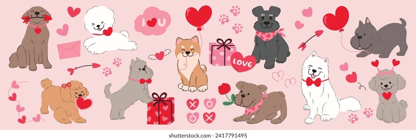 Cute dogs in valentine day lovely pet vector. Collection of dogs with little heart, balloon, gift. Adorable animal characters for clipart, decoration, prints, cover, greeting card, sticker, banner.