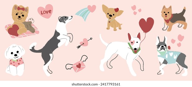 Perros pequeños en vectores de mascotas encantadores de día valentino. Colección de perros con poco corazón, globo, regalo. Caracteres animales adorables para clipart, decoración, impresiones, cubierta, tarjeta de saludo, pegatina, banner.