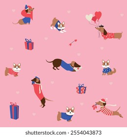 Cute dogs in valentine day lovely pet vector. Collection of dogs with little heart, balloon, gift. Adorable animal characters for clipart, decoration. Pattern dogs dachshund, corgi