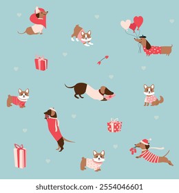 Cute dogs in valentine day lovely pet vector. Collection of dogs with little heart, balloon, gift. Adorable animal characters for clipart, decoration, Pattern dogs dachshund, corgi, lovers day