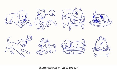 Cute dogs in Various Adorable Poses and Activities in line art