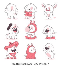 Cute dogs vector cartoon puppies characters set isolated on a white background.