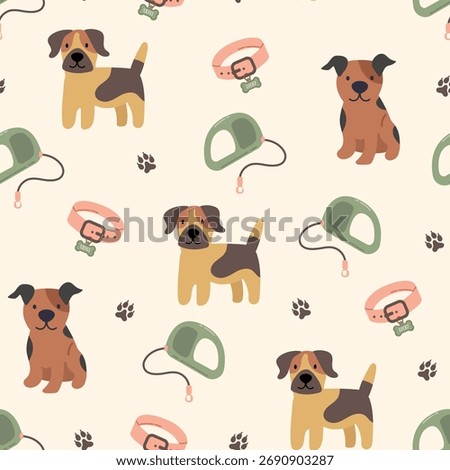 Cute dogs vector seamless pattern. Clipart of funny pet animals. Dogs, collar, leash on a beige background. Printable canine flat illustration.
