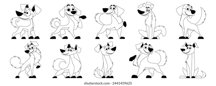 Cute dogs vector set Black linear style. Dog or puppy characters create a collection of flat color in different poses. Set of funny pets.