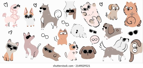 Cute dogs vector set. Cartoon dog or puppy characters design collection with flat color in different poses. Set of funny pet animals isolated on white background.