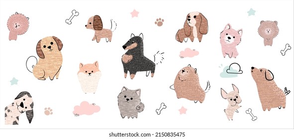 Cute dogs vector set. Cartoon dog or puppy characters design collection with flat color in different poses. Set of funny pet animals isolated on white background.