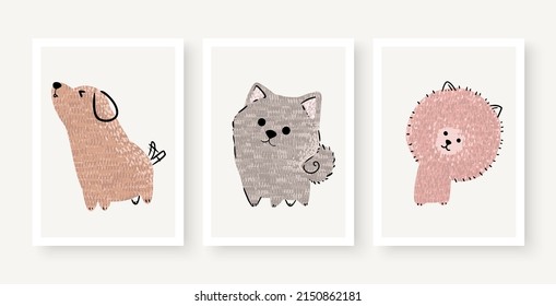 Cute dogs vector set. Cartoon dog or puppy characters design collection with flat color in different poses. Set of funny pet animals isolated on white background.
