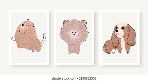 Cute dogs vector set. Cartoon dog or puppy characters design collection with flat color in different poses. Set of funny pet animals isolated on white background.