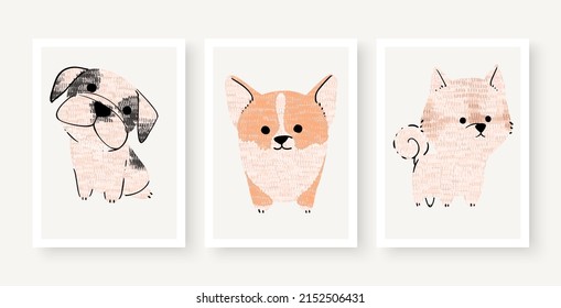 Hundehunde, Vektorset. Cartoon-Hund oder Welpen-Charaktere Design-Kollektion mit flacher Farbe in verschiedenen Posen. Set von lustigen Haustieren einzeln auf weißem Hintergrund.