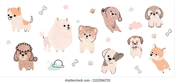 Cute dogs vector set. Cartoon dog or puppy characters design collection with flat color in different poses. Set of funny pet animals isolated on white background.