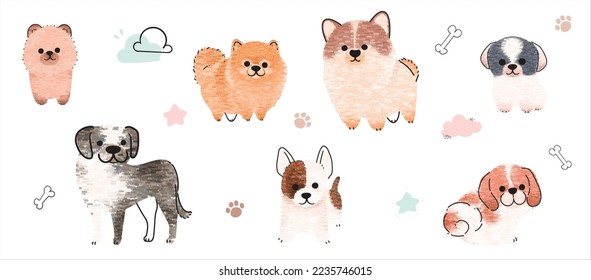 Cute dogs vector set. Cartoon dog or puppy characters design collection with flat color in different poses. Set of funny pet animals isolated on white background.