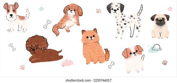 Cute dogs vector set. Cartoon dog or puppy characters design collection with flat color in different poses. Set of funny pet animals isolated on white background.