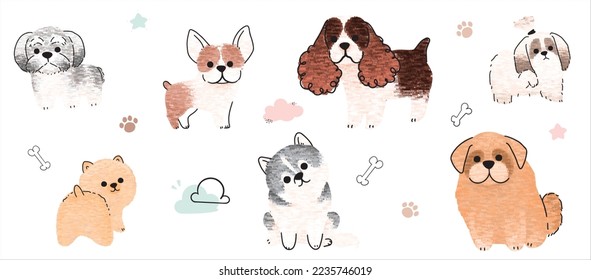 Cute dogs vector set. Cartoon dog or puppy characters design collection with flat color in different poses. Set of funny pet animals isolated on white background.