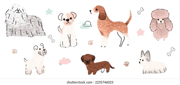 Hundehunde, Vektorset. Cartoon-Hund oder Welpen-Charaktere Design-Kollektion mit flacher Farbe in verschiedenen Posen. Set von lustigen Haustieren einzeln auf weißem Hintergrund.