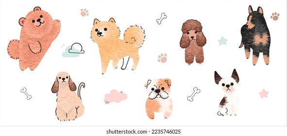 Cute dogs vector set. Cartoon dog or puppy characters design collection with flat color in different poses. Set of funny pet animals isolated on white background.