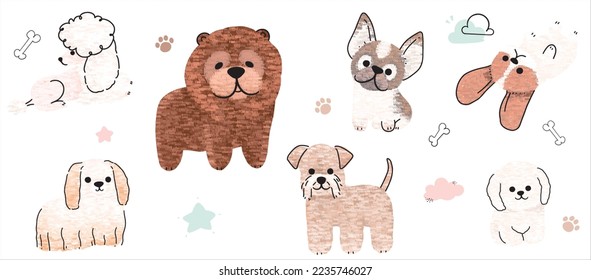 Cute dogs vector set. Cartoon dog or puppy characters design collection with flat color in different poses. Set of funny pet animals isolated on white background.