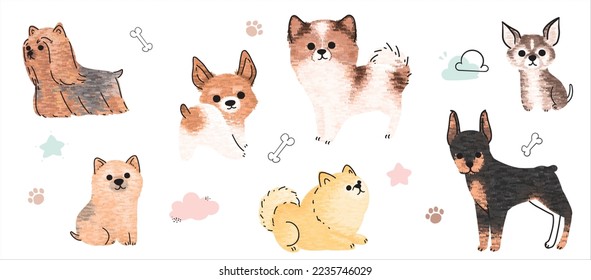 Cute dogs vector set. Cartoon dog or puppy characters design collection with flat color in different poses. Set of funny pet animals isolated on white background.