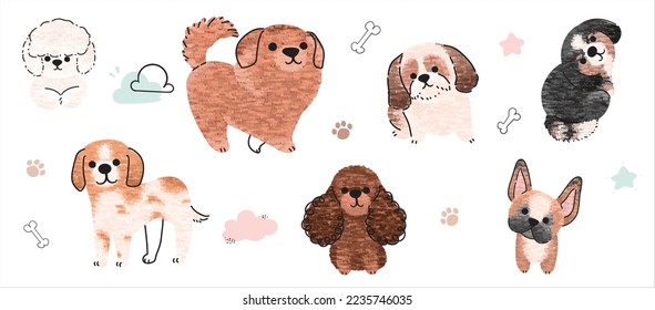 Cute dogs vector set. Cartoon dog or puppy characters design collection with flat color in different poses. Set of funny pet animals isolated on white background.