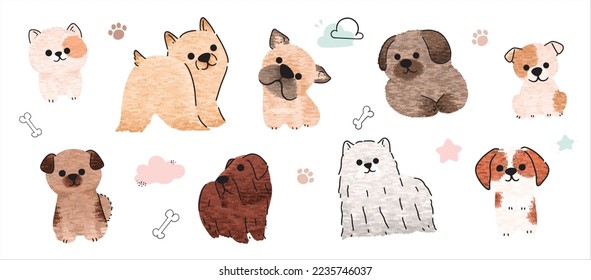 Cute dogs vector set. Cartoon dog or puppy characters design collection with flat color in different poses. Set of funny pet animals isolated on white background.