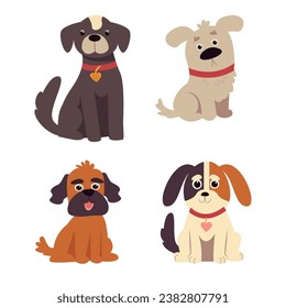 Juego de vectores de perros cortos. El perro de dibujos animados o los personajes de cachorros diseñan la colección con color plano en diferentes poses. Conjunto de animales de compañía divertidos aislados sobre fondo blanco.