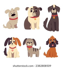 Cute dogs vector set. Cartoon dog or puppy characters design collection with flat color in different poses. Set of funny pet animals isolated on white background.