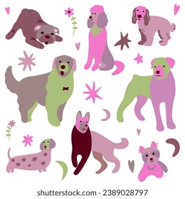 Cute dogs vector set. Cartoon dogs collection in pink and green colors with stars, moons, flowers, hearts. Set of funny pet animals isolated on white background.