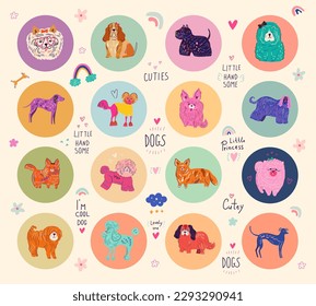 Cute dogs vector set. Colourful cartoon vector collection with cute dogs. Vector set of different dog breeds. Funny puppy characters