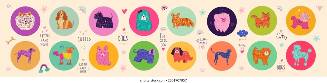 Cute dogs vector set. Colourful cartoon vector collection with cute dogs. Vector set of different dog breeds. Funny puppy characters