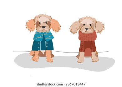 Cute dogs in warm winte rcostume. Flat vector illustration isolated on white background.