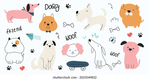 Cute dogs watercolor doodle vector set. Cartoon dog or puppy characters design collection with flat color in different poses. Set of funny pet animals isolated on white background.